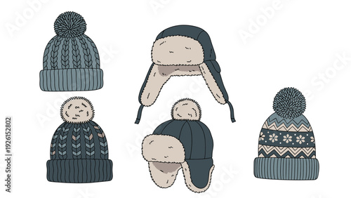 Collection of five cozy winter knit beanies and trapper hats with pom-poms and faux fur lining in shades of blue and beige.