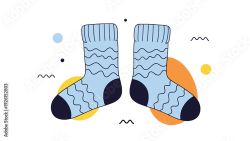 Pair of cozy light blue socks with dark blue wavy patterns and reinforced heels and toes on a colorful geometric background.