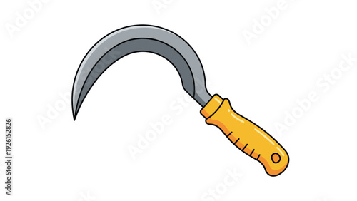 Hand-drawn style illustration of a sharp curved sickle tool with a yellow wooden handle used for harvesting and agriculture.
