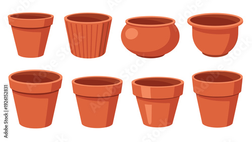 Collection of eight different empty terracotta clay flower pots in various shapes and sizes for garden and home plant decoration.