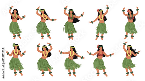 Group of twelve women in traditional green grass skirts and flower leis performing various hula dance moves in a flat illustration style.