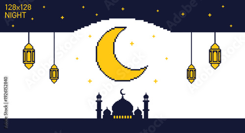 Pixel Art Ramadan Mubarak Crescent Moon and Mosque Night Sky