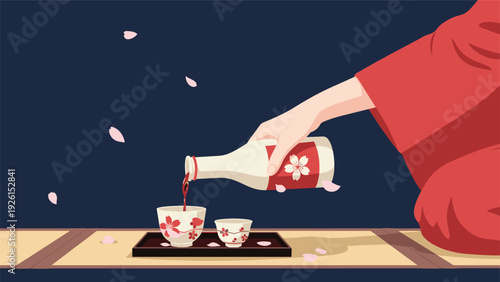 Traditional scene of a person in a red kimono pouring sake from a bottle into small cups with cherry blossom petals falling.