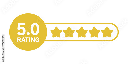 Yellow 5 star rating symbol with 5.0 text stars on white background