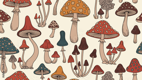 Vintage style seamless pattern featuring a variety of colorful mushrooms with red, brown, and yellow caps on a beige background.