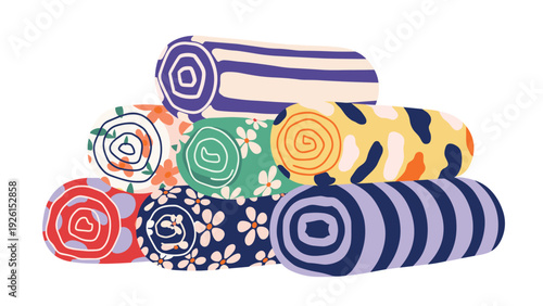 Stack of colorful rolled-up towels or fabric bolts with various patterns like stripes, floral, and camouflage in a tidy pile.