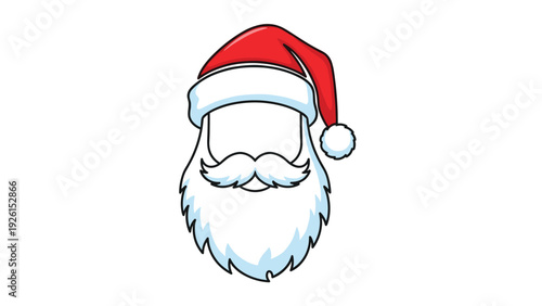 Christmas themed photo booth prop featuring a santa claus hat and a full white beard with a cutout for a person's face to be inserted.
