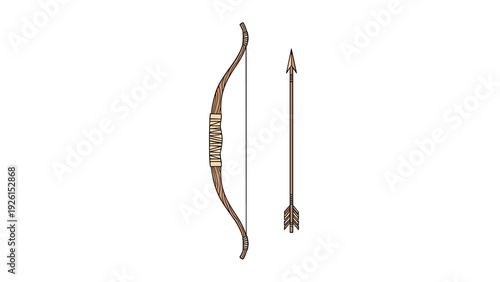 Traditional wooden recurve bow stands vertically next to a single fletched arrow, representing archery sports and historical hunting tools.