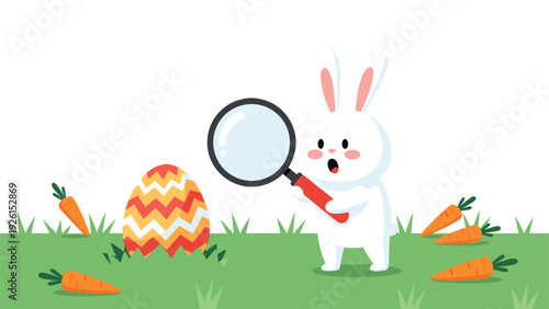 Surprised white bunny investigates a colorful decorated easter egg with a magnifying glass on a grassy field surrounded by carrots.