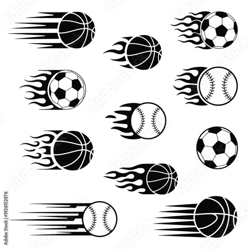 Set of stylized flaming sports balls vector, basketball, soccer, and baseball motion trail illustrations for ranked sports design graphics, team branding, athletic posters, game promotion visuals,