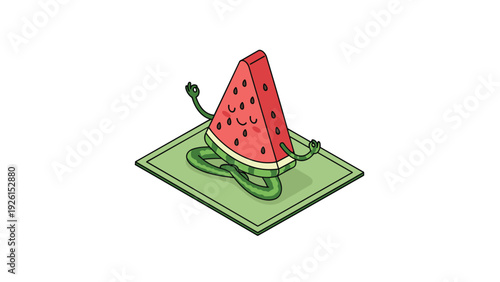 Watermelon slice character practices yoga on a green mat in an isometric view, promoting a healthy lifestyle and mindfulness through humor.