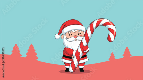 Jolly cartoon santa claus holds a massive striped candy cane while standing in a minimalist red and blue winter landscape with trees.
