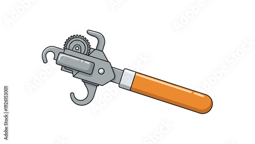 Manual metal can opener with a bright orange handle, shown in a detailed vector illustration style for kitchen tool and cooking themes.