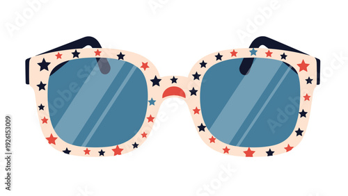 Pair of stylish sunglasses with blue lenses and a white frame decorated with a pattern of red and dark blue stars for summer wear.