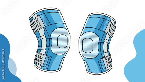 Pair of blue protective knee braces designed for athletic support and injury prevention shown on a white background with abstract shapes.