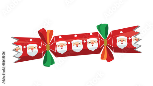 Festive christmas cracker with santa claus face patterns and tied with colorful ribbons, perfect for holiday party celebrations.