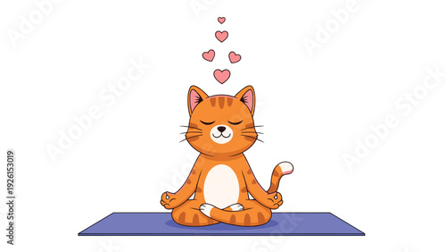 Zen ginger cat sitting in a lotus meditation pose on a blue yoga mat with small pink hearts floating above its head for peace.