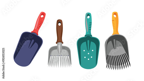 Set of colorful garden hand tools including scoops and rakes with red, brown, green, and orange handles for outdoor hobby projects.