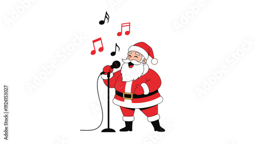 Happy Santa Claus character singing into a microphone with musical notes floating around on a simple white background for holiday celebrations.