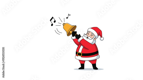 Jolly Santa Claus in a classic red suit ringing a golden bell with musical notes appearing in the air for holiday spirit and cheer.