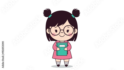 Sweet little girl with dark hair in buns wearing glasses and a pink dress while holding a green book for education and literacy.
