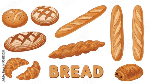 Selection of various fresh bread types including baguettes, croissants, and round loaves presented with a text label for bakery use.
