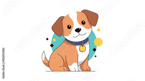 Adorable puppy illustration with brown patches and a friendly smile, sitting comfortably with colorful shapes in the background.