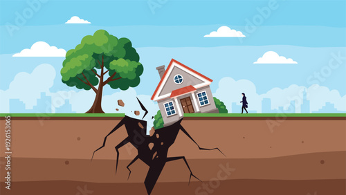 Dramatic earthquake illustration showing a large crack in the ground and a house tilting dangerously near a tree in a city landscape.
