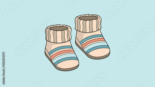 Pair of cozy knitted baby booties with colorful stripes and soft texture, perfect for newborn clothing and nursery department themes.