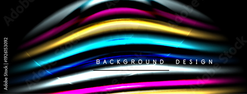 Abstract colorful lines form wave pattern. Dark background enhances vibrant hues, creating modern design element.