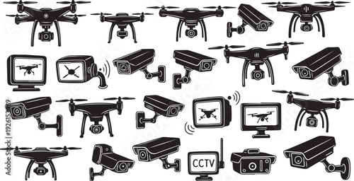 Drone and CCTV Camera Surveillance Technology Illustration Set