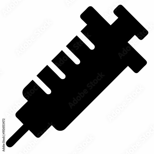 Black silhouette of medical syringe, indicating vaccination, injection, or treatment