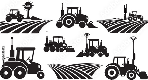 Tractors and farming equipment in fields and landscapes silhouettes