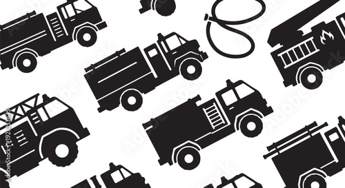Fire trucks and equipment in black and white pattern