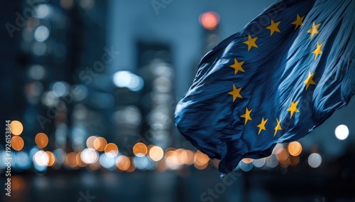European Union Flag Waving at Night with City Lights Bokeh.