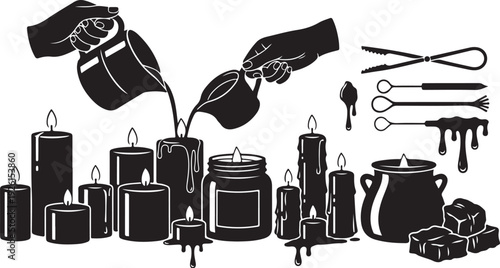 Black and white illustration of candles and tools