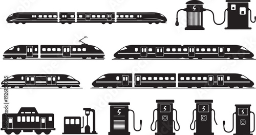Black and white train and gas pump illustrations set
