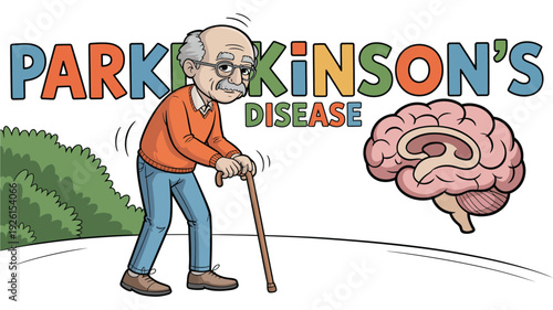Parkinson's disease illustration with cartoon elderly man and brain