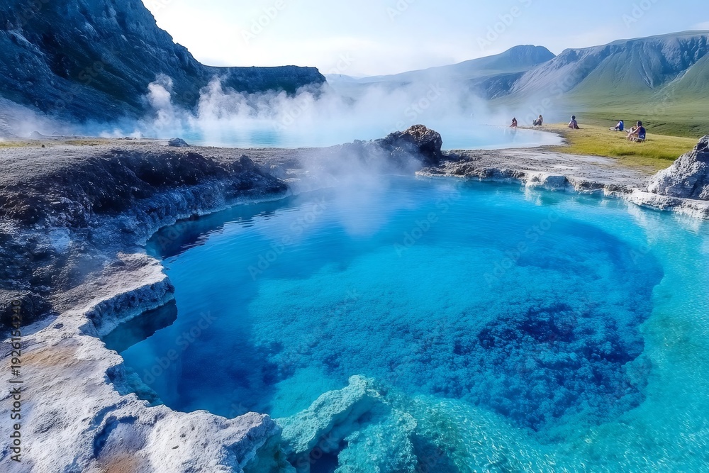 Fototapeta premium Geothermal hot spring pools with blue water and steam