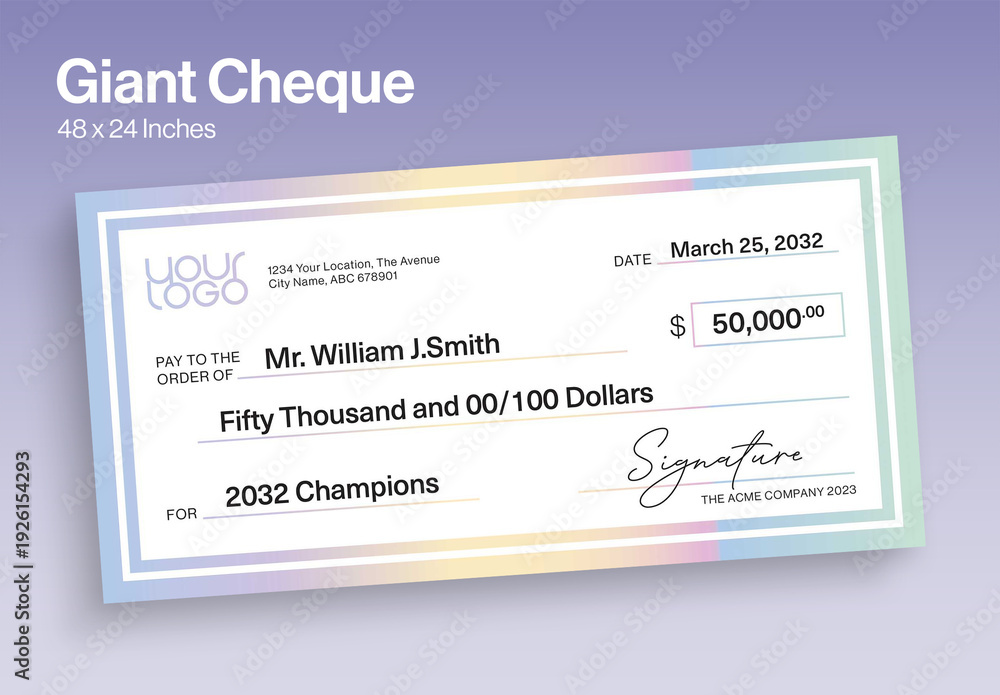 Giant Cheque Template for Charity Donation & Award Prize Presentation ...