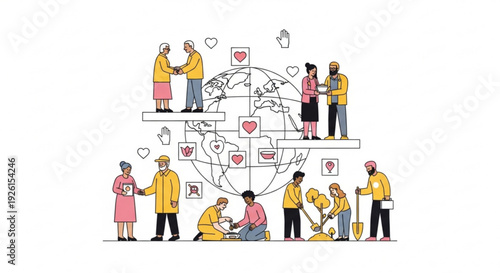 Diverse group of people helping each other around a globe with hearts and social connections symbolizing global community and support
