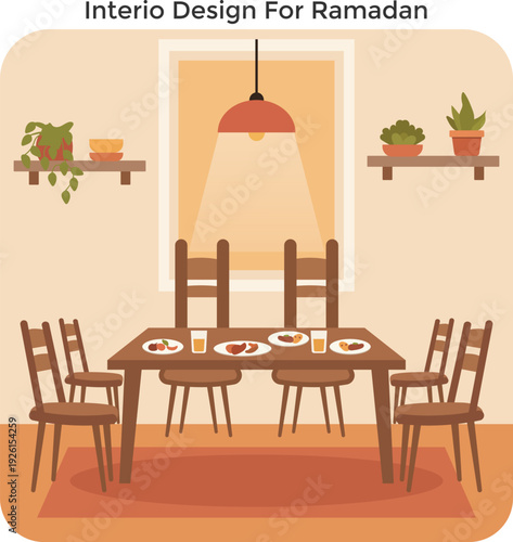 Modern Ramadan Interior Design Illustration Cozy Dining Room Setting for Iftar Meal