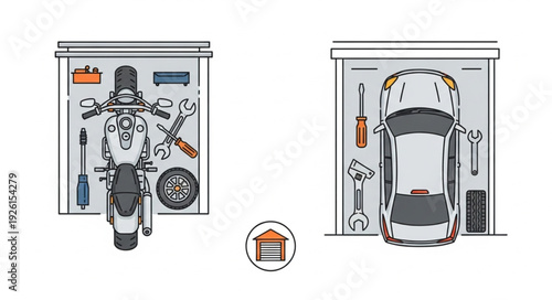 Motorcycle and car parked in garages with tools and equipment for maintenance and repair.
