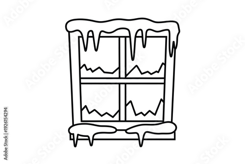 A frosty window with snow and ice on a blue background illustration