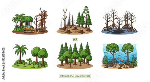 Deforestation vs reforestation healthy trees and plants on earth international day of forests environmental conservation concept