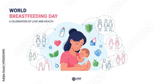 World breastfeeding day illustration of a mother nursing her baby surrounded by health and nutrition icons