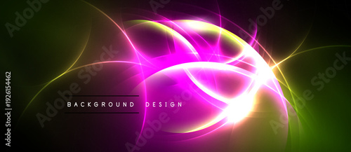 Abstract vibrant design. Pink, yellow glows over dark green, black backdrop. Modern energy radiates from central point.