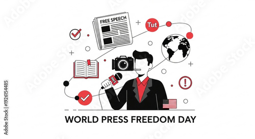 World press freedom day illustration with journalist and media symbols