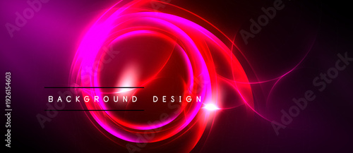 Abstract neon swirls, vibrant pinks, reds dominate dark background. Text reads background design. Dynamic energy radiates from central point.
