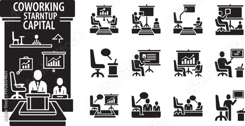 Coworking and startup capital concept with office icons set